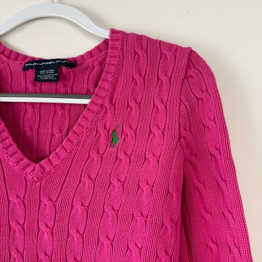 Ralph Lauren Sport Pink Cable Knit V-Neck Sweater - Picture 2 of 4